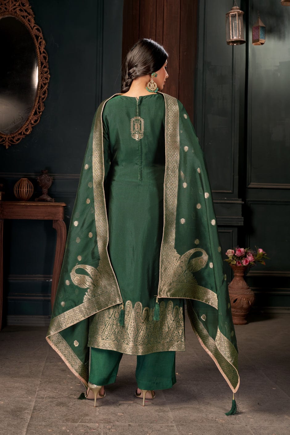 Buy Green Embroidered Net Festive Pant Salwar Suit from Ethnic Plus