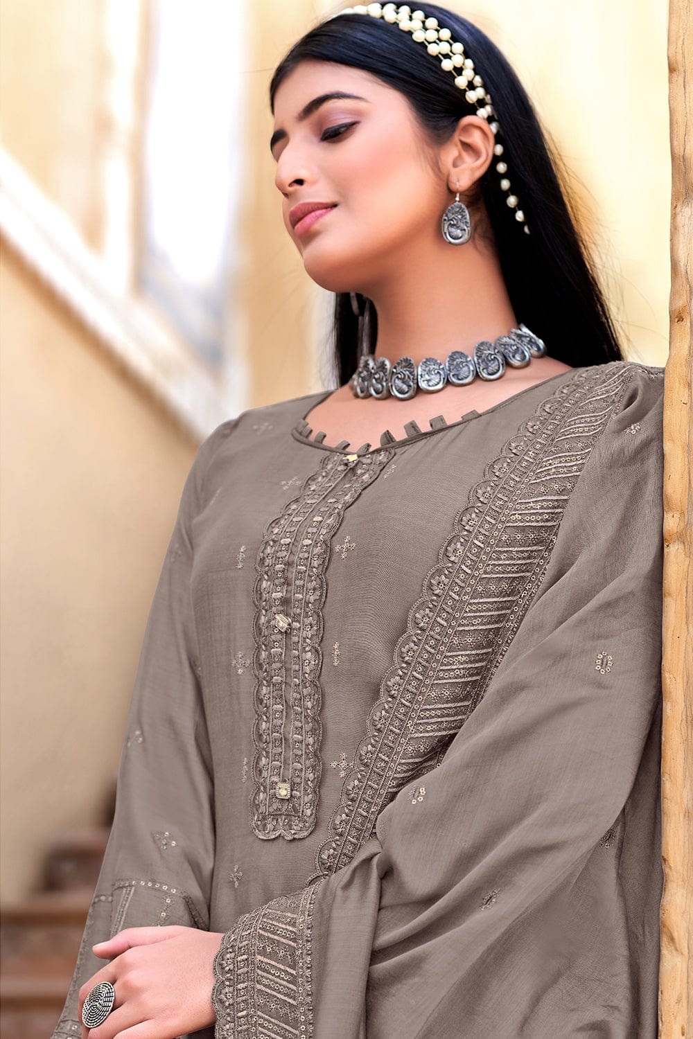 Gray and black color taffeta silk patiala salwar suit for girl. | Stylish  dresses for girls, Indian fashion lehenga, Indian fashion
