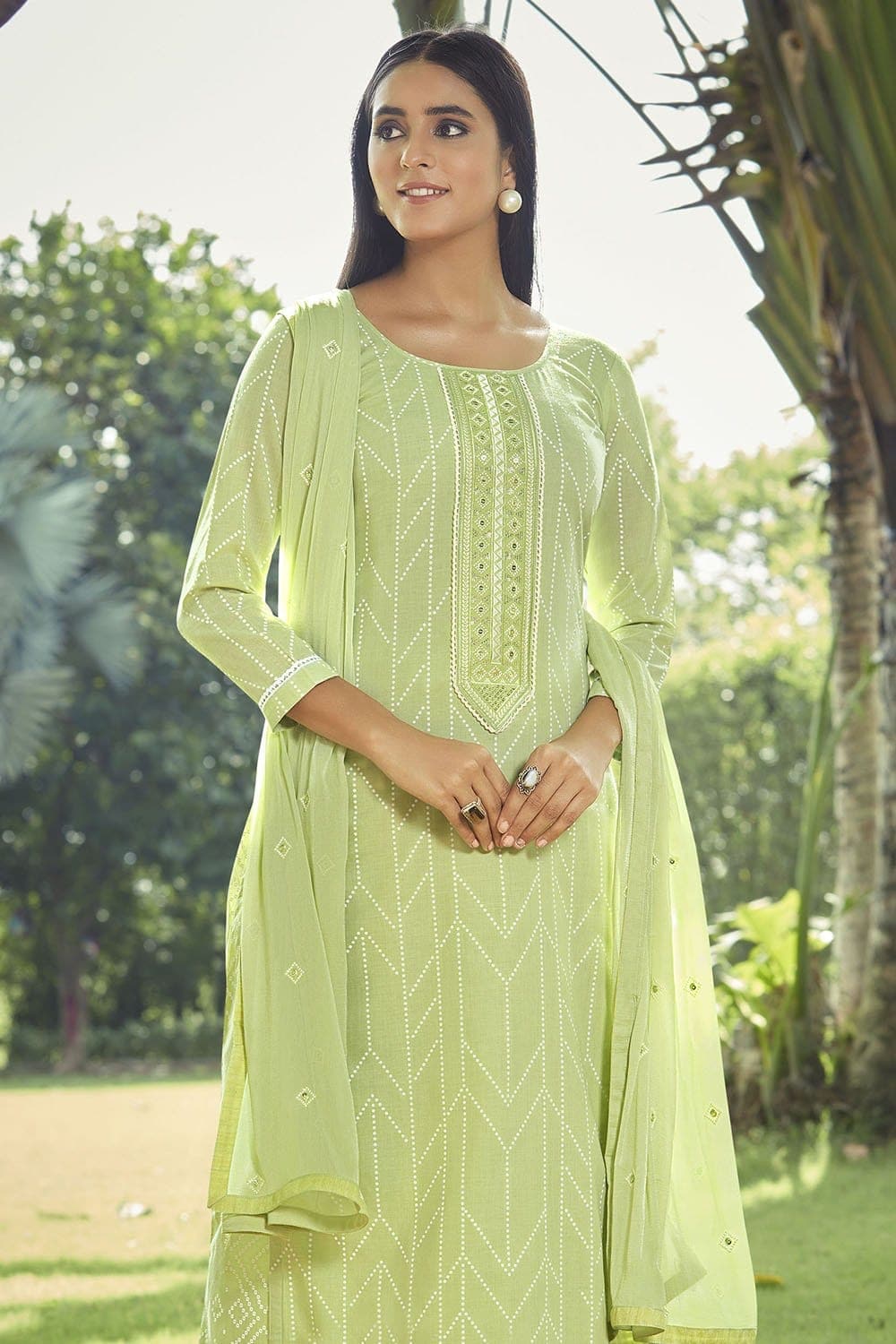 Buy Lime Green Lace Work Kurta, Pants And Dupatta Set Online - W for Woman