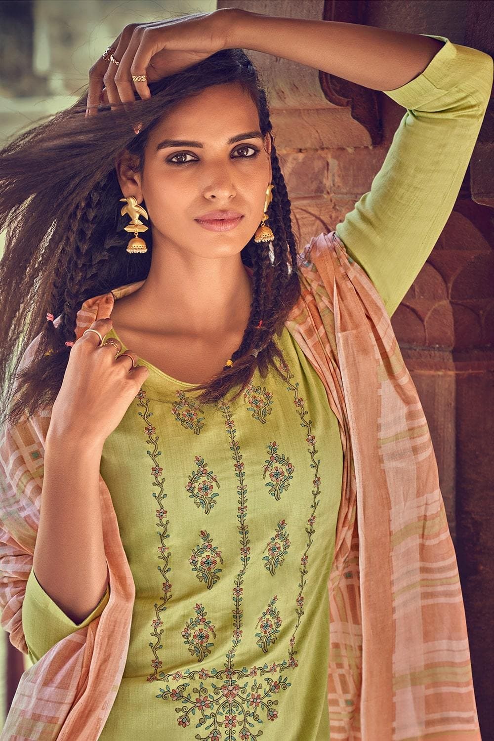 Green Crepe Silk Salwar Suit with Dabka Thread French Knot Hand Embroidery  | Angad Creations