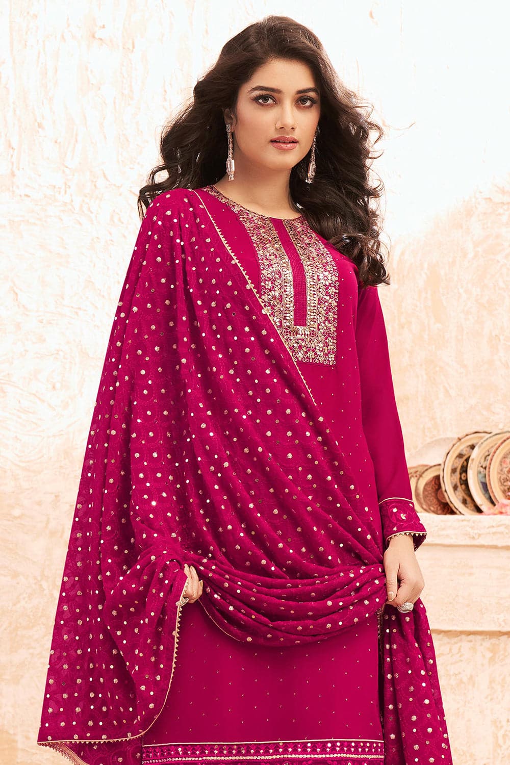 Pink Embroidered Kurta With Contrast Dress