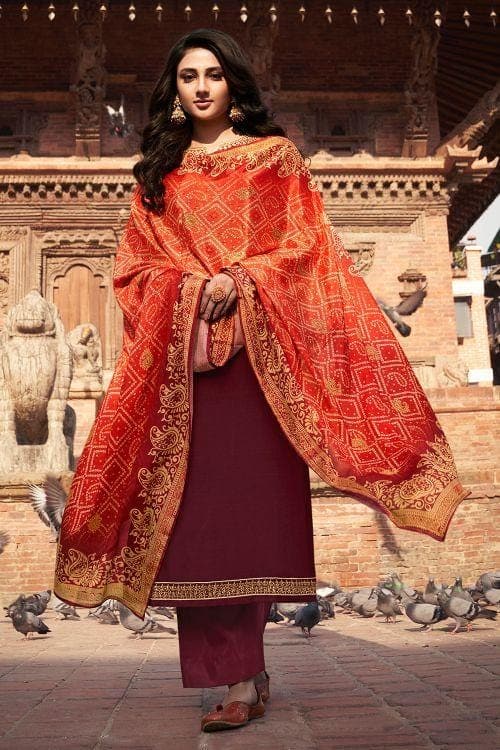 Maroon salwar suit sales with golden dupatta