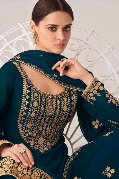 Buy Peacock Blue Silver Zariwork Raw Silk Salwar Kameez - Koskii