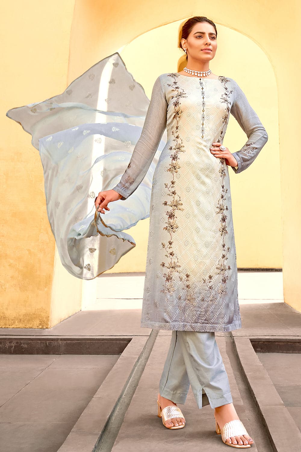 Buy Astounding Lemon Green Thread Embroidered Cotton ReadyMade Pant Suit  Online At Ethnic Plus