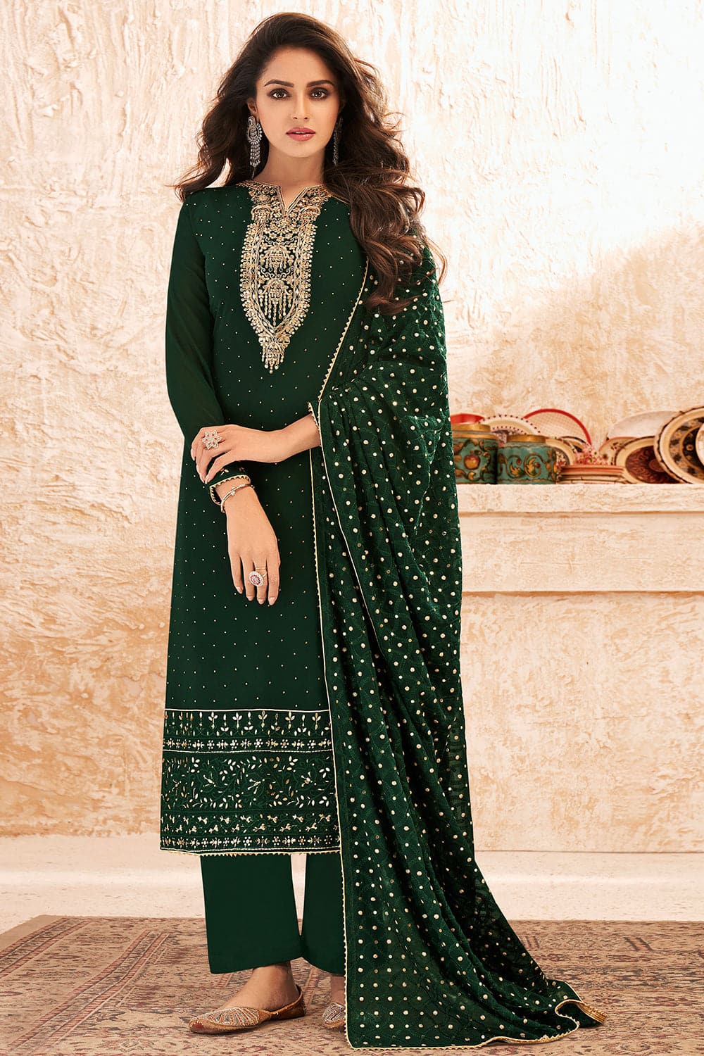Dark Green Satin,Georgette Designer Straight Suit | Designer salwar suits,  Latest salwar kameez, Wear green