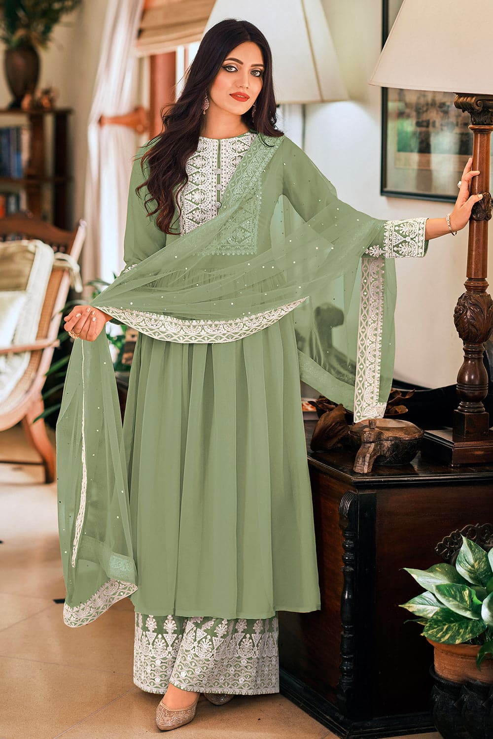 Buy Sea Green Salwar Suit With Palazzo Online | Karagiri Buy Sea Green Salwar Suit With Palazzo Online | Karagiri