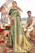 Asparagus green  saree with embroidered silk blouse - wedding sutra collection - Buy online on Karagiri - Free shipping to USA