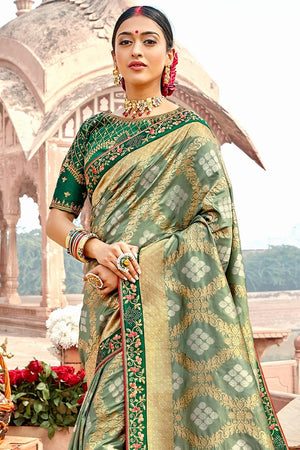 Asparagus Green Saree With Embroidered Silk Blouse