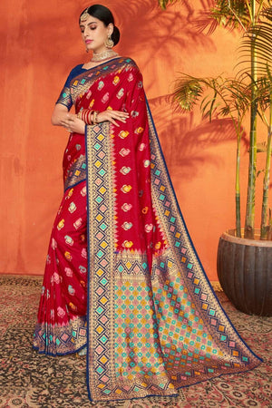 Bright Red And Royal Blue Zari Woven Handcrafted Ikkat Saree