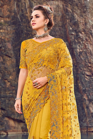 Canary Yellow Designer Embroidered Net Saree With Embroidered Blouse