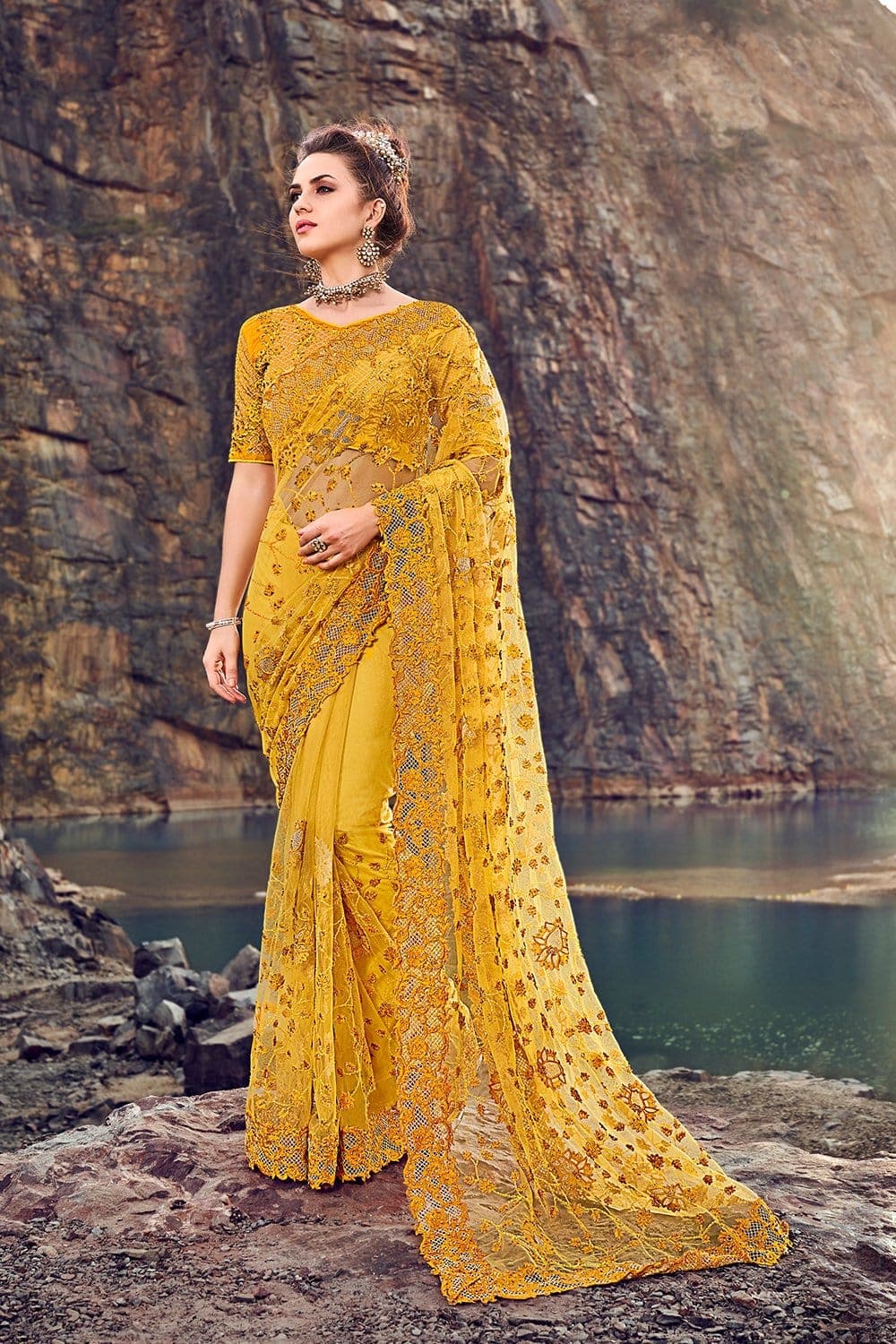 Saree Canary Yellow Designer Embroidered Net Saree With Embroidered Blouse saree online