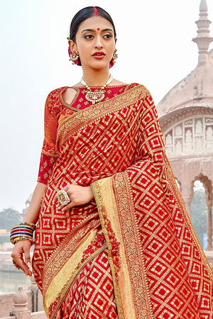 Carmine Red Saree With Embroidered Silk Blouse