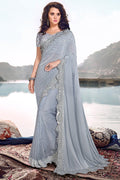 Saree Cloudy Grey Designer Embroidered Saree With Embroidered Blouse - Wedding Wardrobe Collection saree online
