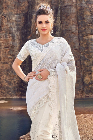 Daisy White Designer Embroidered Net Saree With Embroidered Blouse - Wedding Wardrobe Collection