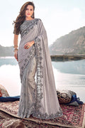 Saree Grandma Grey Designer Embroidered Saree With Embroidered Blouse - Wedding Wardrobe Collection saree online