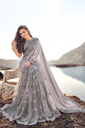 Saree Grandma Grey Designer Embroidered Saree With Embroidered Blouse - Wedding Wardrobe Collection saree online