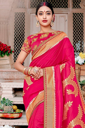 Hot Pink Saree With Embroidered Silk Blouse