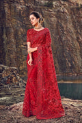 Saree Jam Red Designer Embroidered Net Saree With Embroidered Blouse saree online