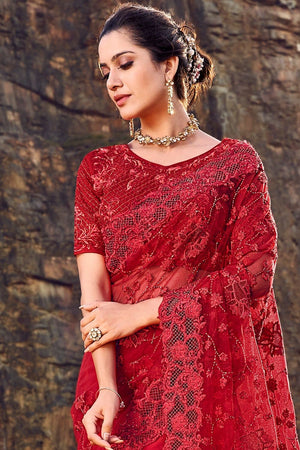 Jam Red Designer Embroidered Net Saree With Embroidered Blouse