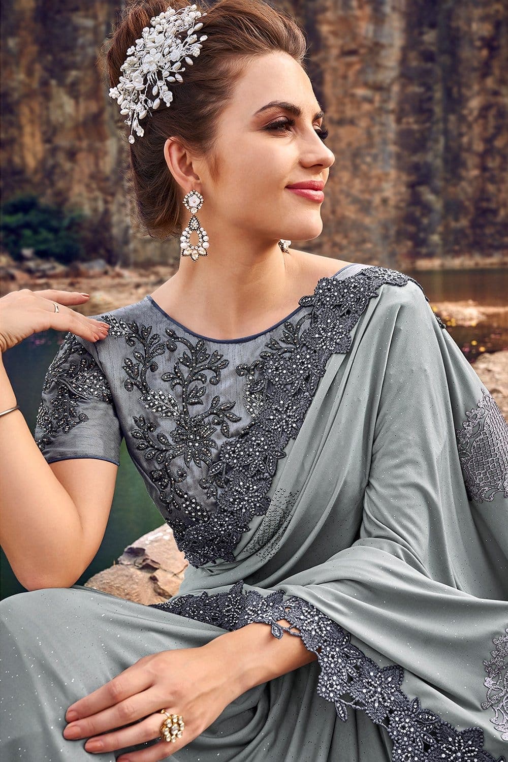 Saree Lava Grey Designer Embroidered  Saree With Embroidered Blouse - Wedding Wardrobe Collection saree online