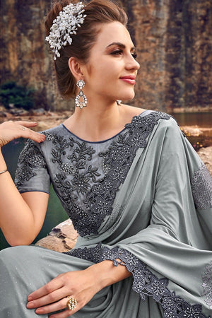 Lava Grey Designer Embroidered Saree With Embroidered Blouse - Wedding Wardrobe Collection