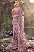 Saree Lavender Purple Designer Net Embroidered  Saree With Embroidered Blouse - Wedding Wardrobe Collection saree online
