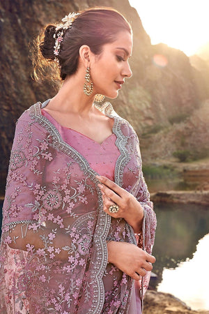 Lavender Purple Designer Net Embroidered Saree With Embroidered Blouse - Wedding Wardrobe Collection