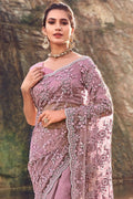 Saree Lavender Purple Designer Net Embroidered  Saree With Embroidered Blouse - Wedding Wardrobe Collection saree online
