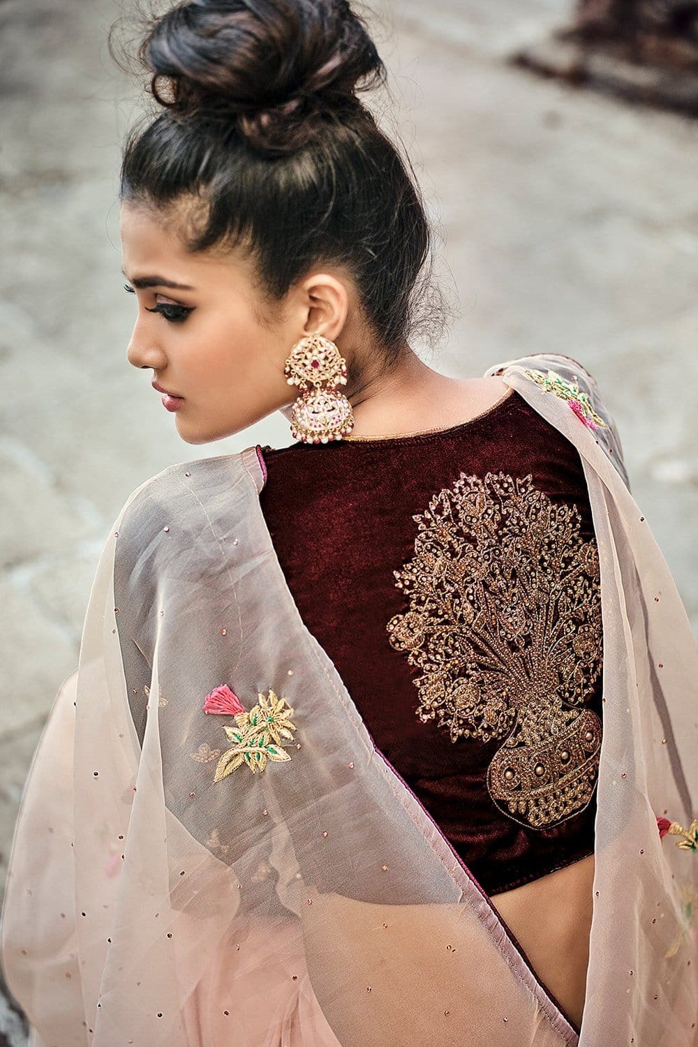 Saree Light Peach Designer Net Saree With Velvet Blouse saree online