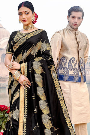 Raven Black Saree With Embroidered Silk Blouse