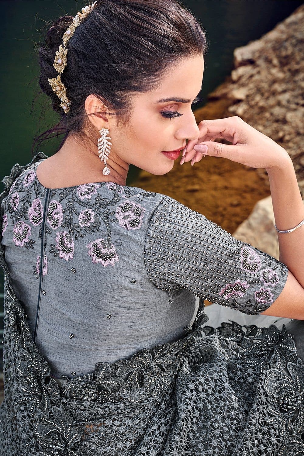 Saree Steel Grey Designer Embroidered Net Saree With Embroidered Blouse - Wedding Wardrobe Collection saree online