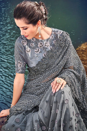 Steel Grey Designer Embroidered Net Saree With Embroidered Blouse - Wedding Wardrobe Collection