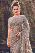 Saree Stone Grey Designer Embroidered Net Saree With Embroidered Blouse - Wedding Wardrobe Collection saree online