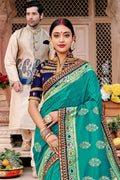Saree Teal Blue  Saree With Embroidered Silk Blouse saree online
