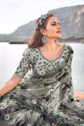 Saree Trout Grey Designer Net Embroidered  Saree With Embroidered Blouse - Wedding Wardrobe Collection saree online