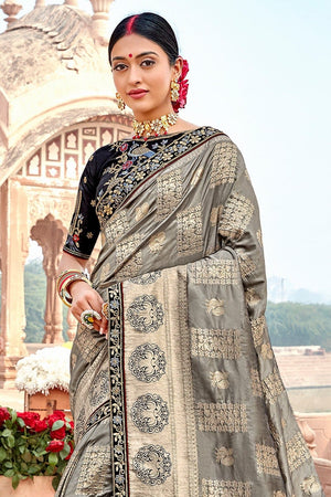 Trout Grey Saree With Embroidered Silk Blouse