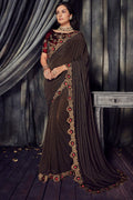 Saree Umber Brown Designer Saree With Embroidered Velvet Blouse - Wedding Wardrobe Collection saree online
