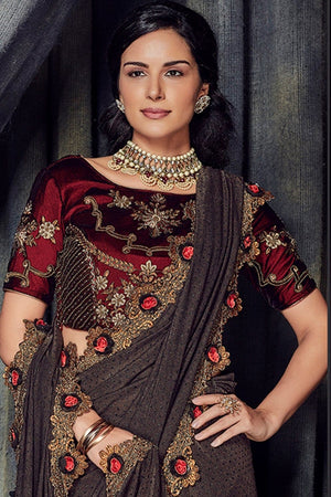 Umber Brown Designer Saree With Embroidered Velvet Blouse - Wedding Wardrobe Collection