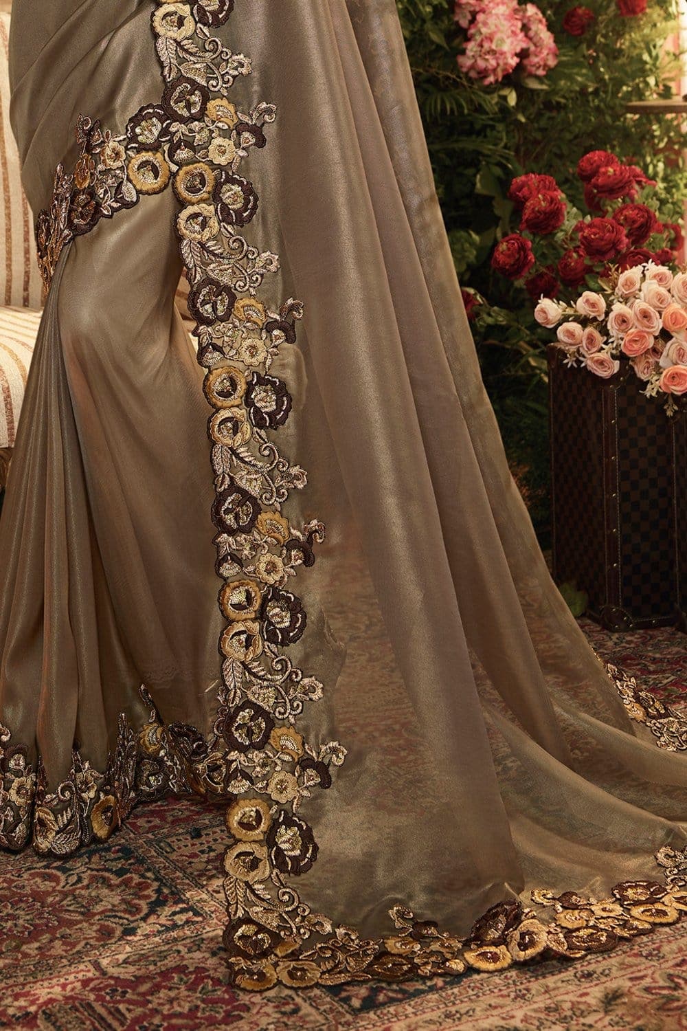 Saree Wood Brown Designer Embroidered Saree - Wedding Wardrobe Collection saree online