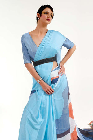 Colorado Blue Satin Crep Saree