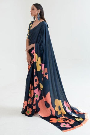 Catalina Blue Satin Digital Print Saree