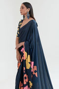 blue satin crepe saree