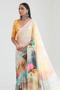 yellow satin crepe saree