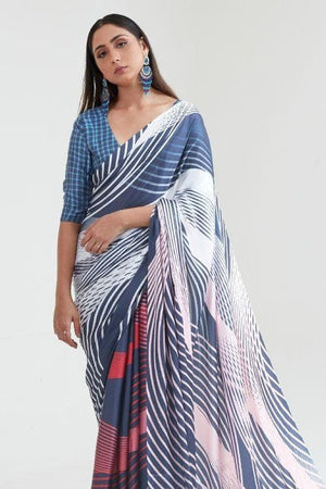 blue satin crepe saree