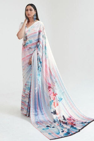 Floral White Satin Digital Print Saree