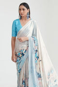 blue satin crepe saree