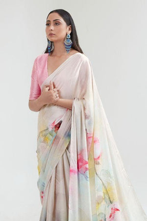 white satin crepe saree