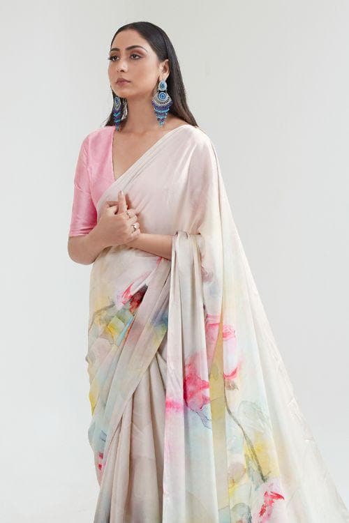 white satin crepe saree