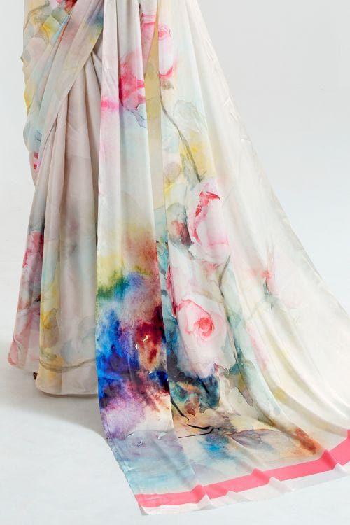 floral print satin crepe saree