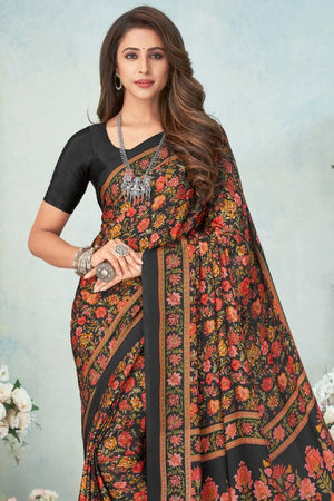 black satin crepe saree